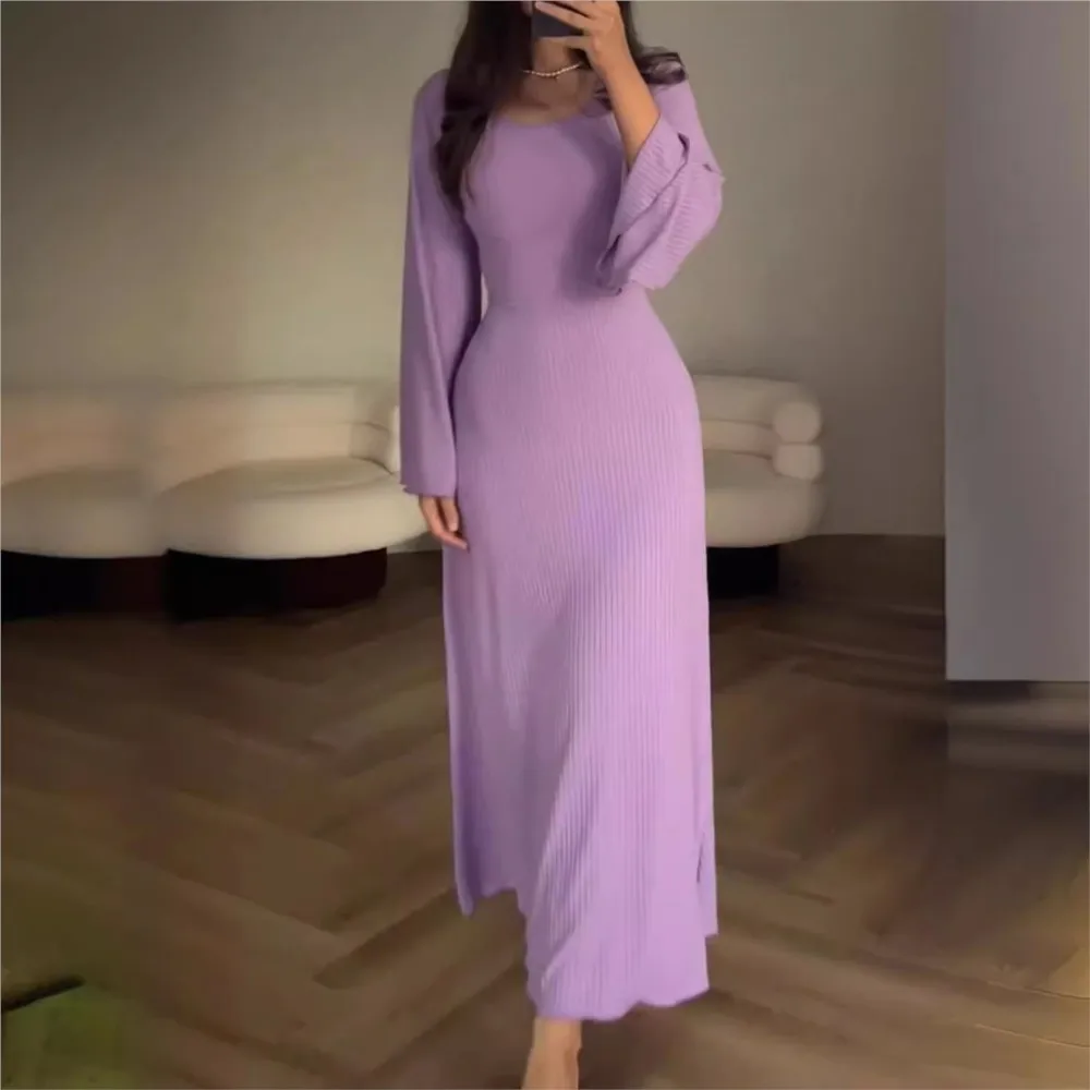 Fashion Solid Ribbed Back Lace-Up Straps Maxi Dress Female Long Sleeve Slim Bandage Spring Autumn Women Dresses 2024 New Color