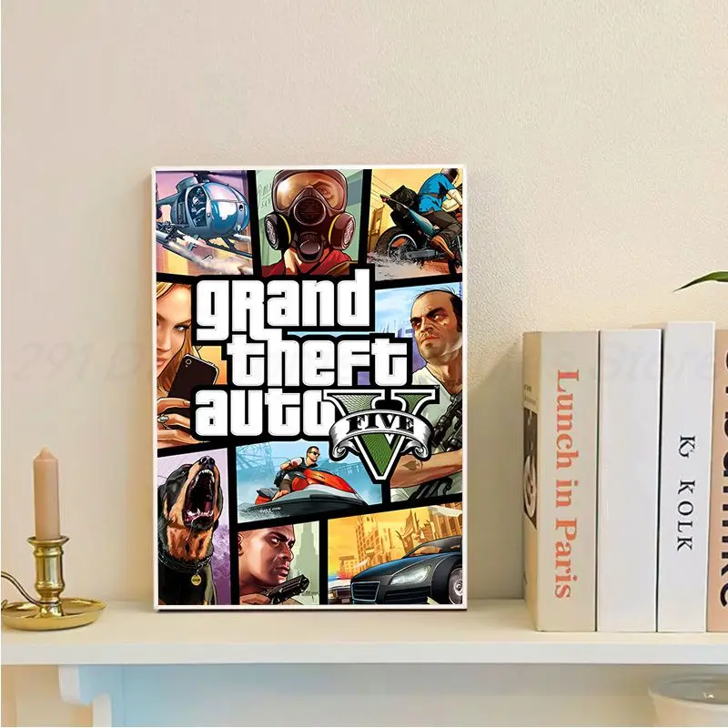 Game GTA 5 Grand Theft Auto Vintage Posters Sticky Waterproof Paper Sticker Coffee House Bar Stickers Wall Painting