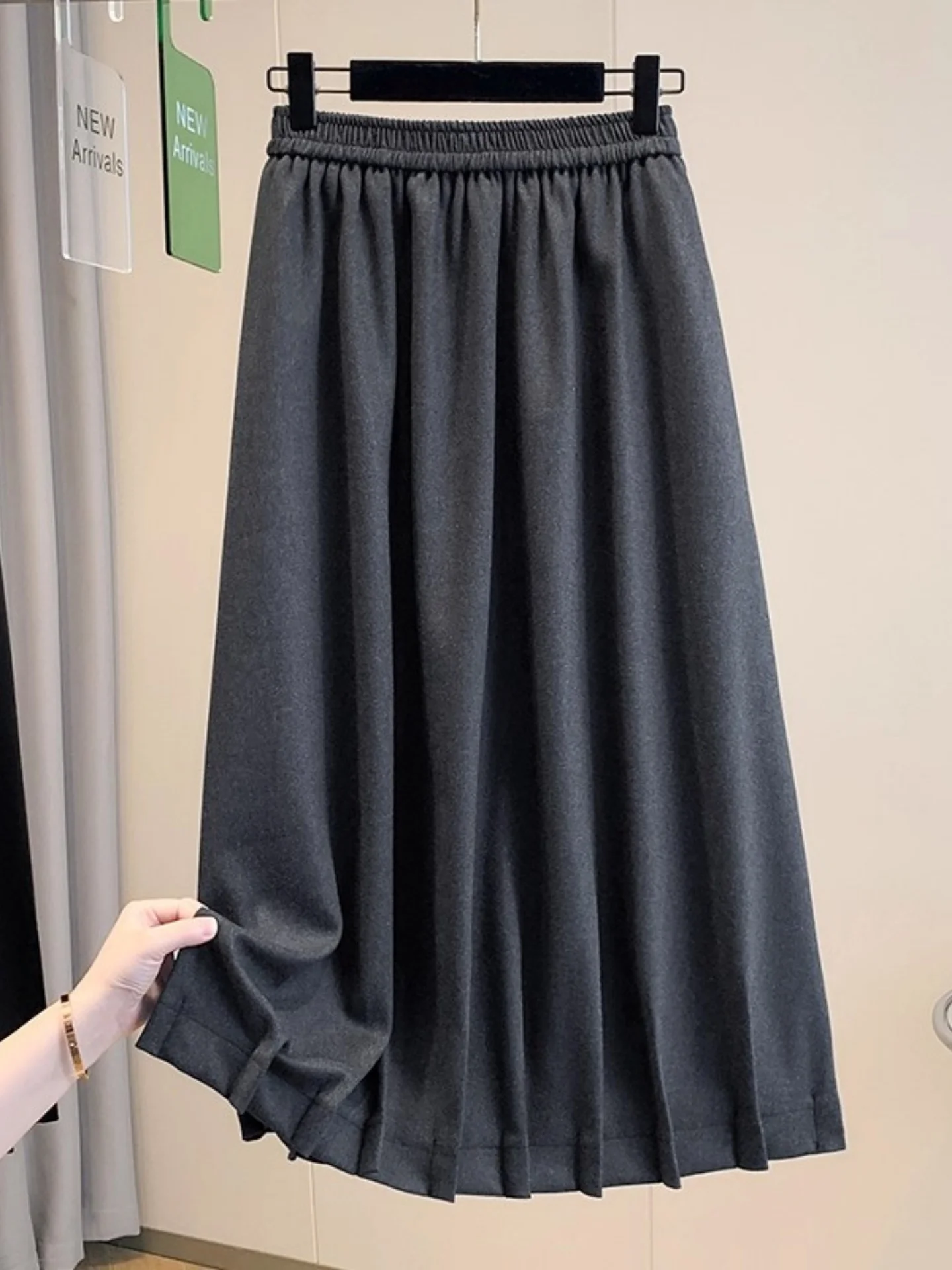 

ay A-Line Midi Skirt Elastic Waist Hip Concealing Pear aped Body Autumn plus Size Women's Clothing Casual High Waist Woolen