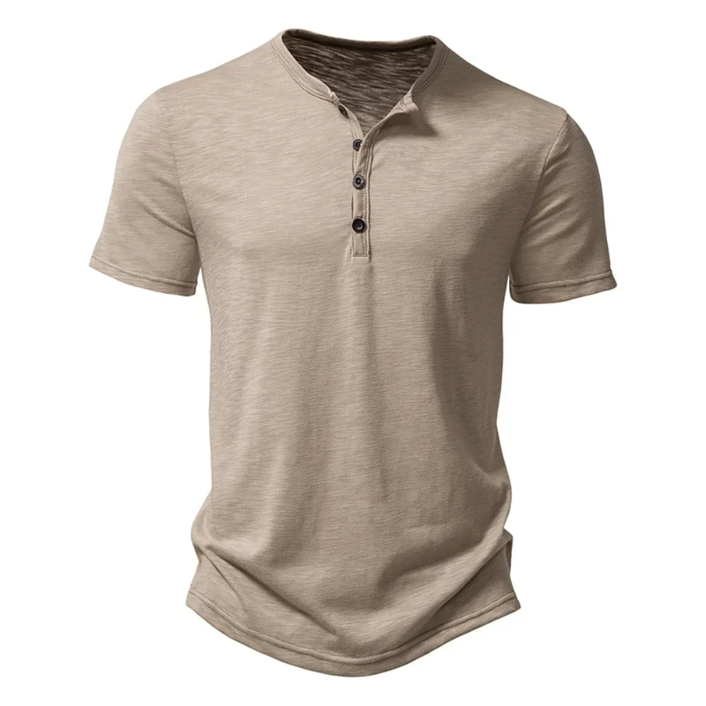 Henley colarinho verão masculino casual cor sólida manga curta t camisa para homens polo masculino de alta qualidade t camisas