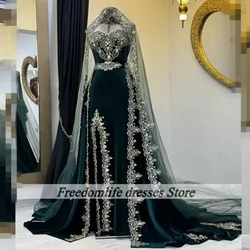 Emerald Green Caftan Evening Dresses With Veil Applique Crystal Customized Wedding Party Gowns Velvet Split robe de soiree