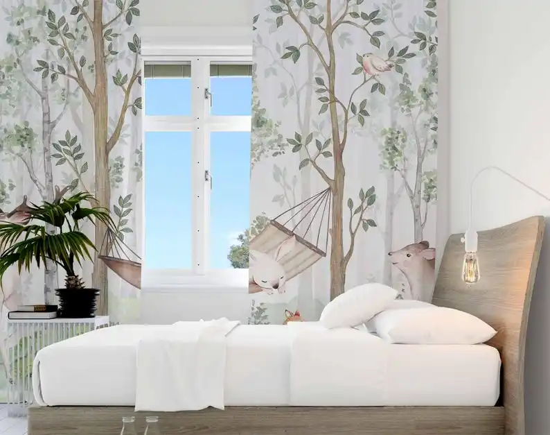 Woodland Animals Curtains Kids Bedroom Curtains Playroom Black Nursery Decor Baby Room Curtains Bedroom Living Room Curtain