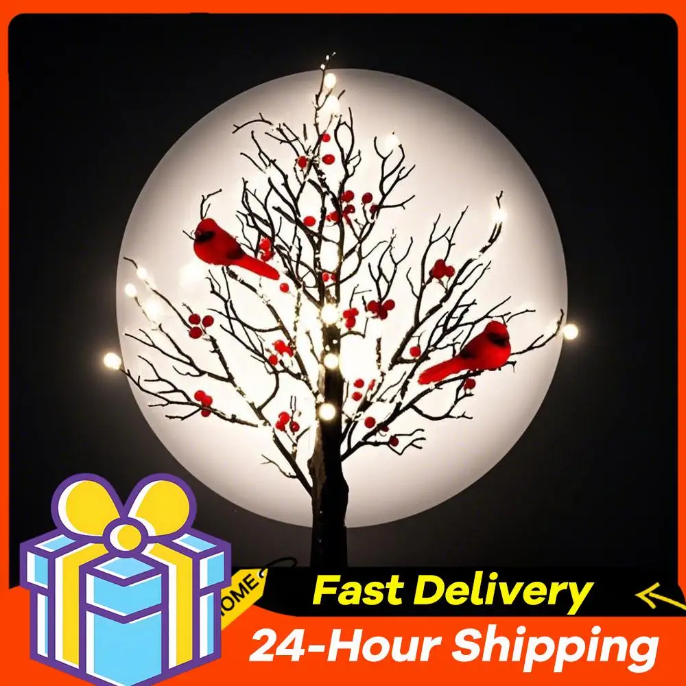 2/1 قطعة شجرة متوهجة مع الكرادلة مع التوت الأحمر والطيور بطارية تعمل مصباح شجرة الطاولة لعيد الميلاد المنزل حفل زفاف
