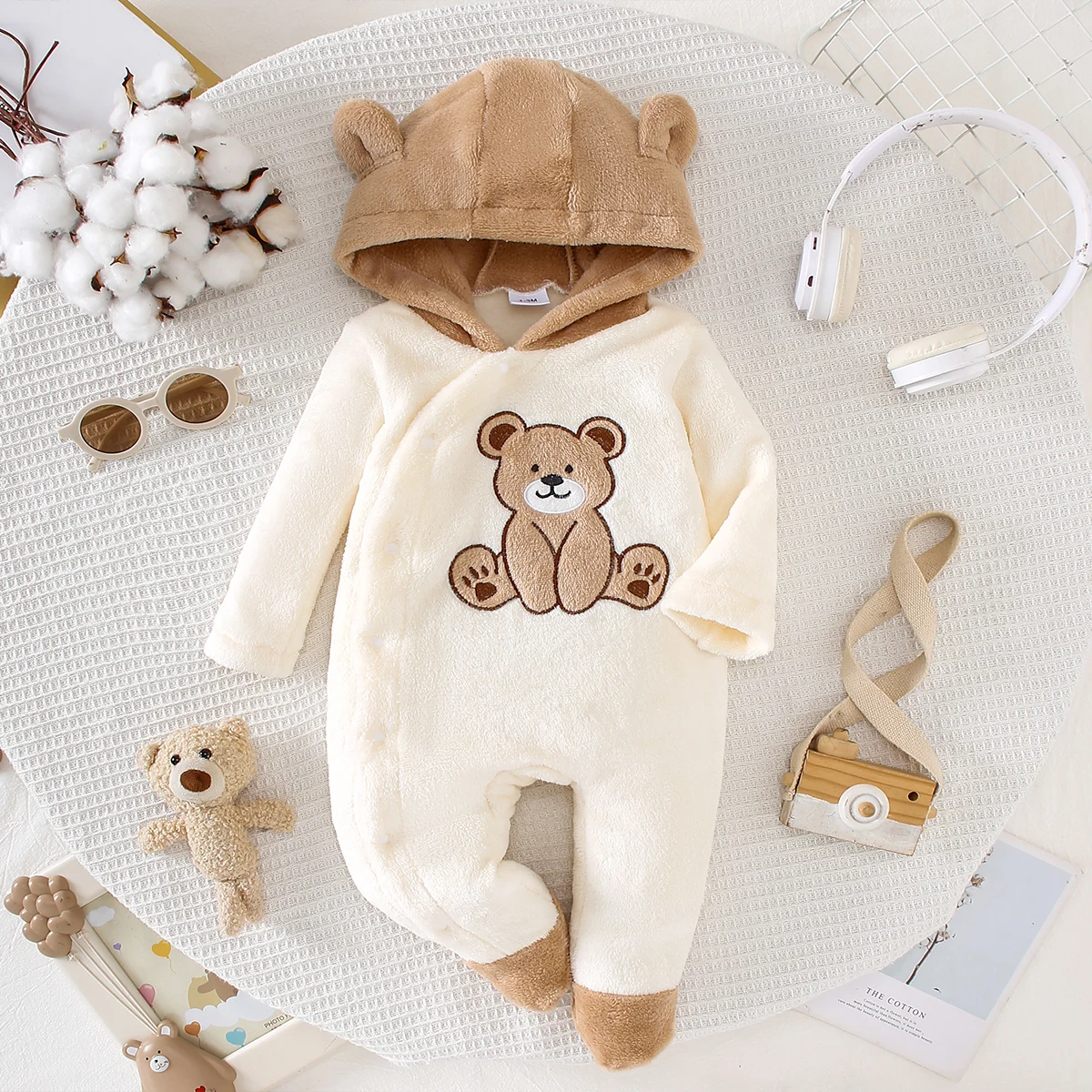 Autumn Winter Baby Bear Onesie with Hat Soft Plush Fabric Warm Cute Heated Footed Suit with Head Protection Bear Ear Design Infa