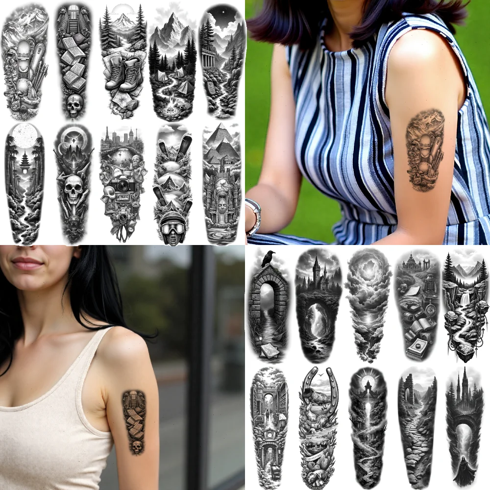 

12pcs Temporary Tattoo Skull Art Black And Grey Realism Nature Landscapes Vintage Buildings For Thighs Men Women