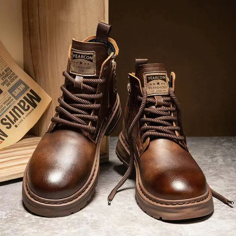 

High Quality Men Boots Genuine Leather Autumn Winter High Top Shoes Brown Business Casual British Style Thick Sole Ankle Boots