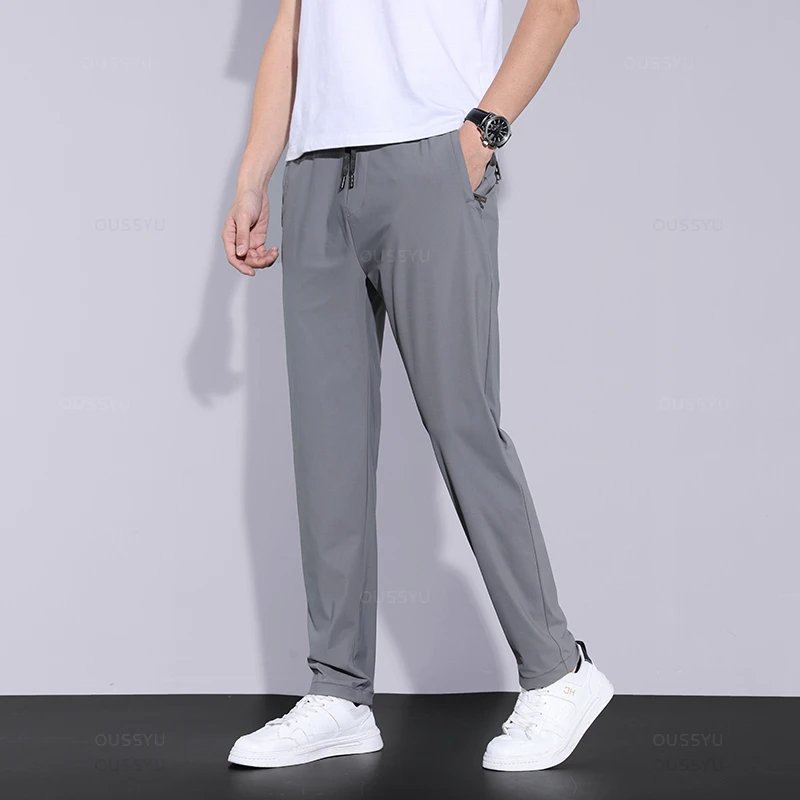 2024 Summer Men's Casual Pants Thin Soft Sports Zip Pocket Korea Grey Black Elasticity Lace-up Waist Jogging Work Trousers Male