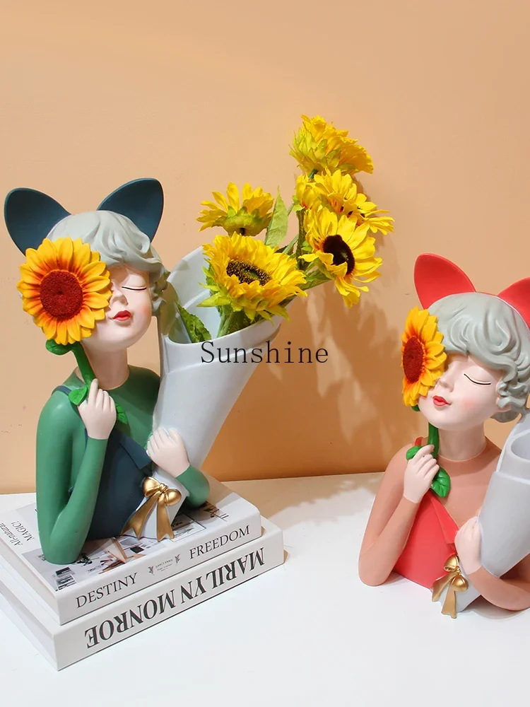 Sunflower bouquet girl vase ornament creative home flower arrangement porch TV cabinet decoration