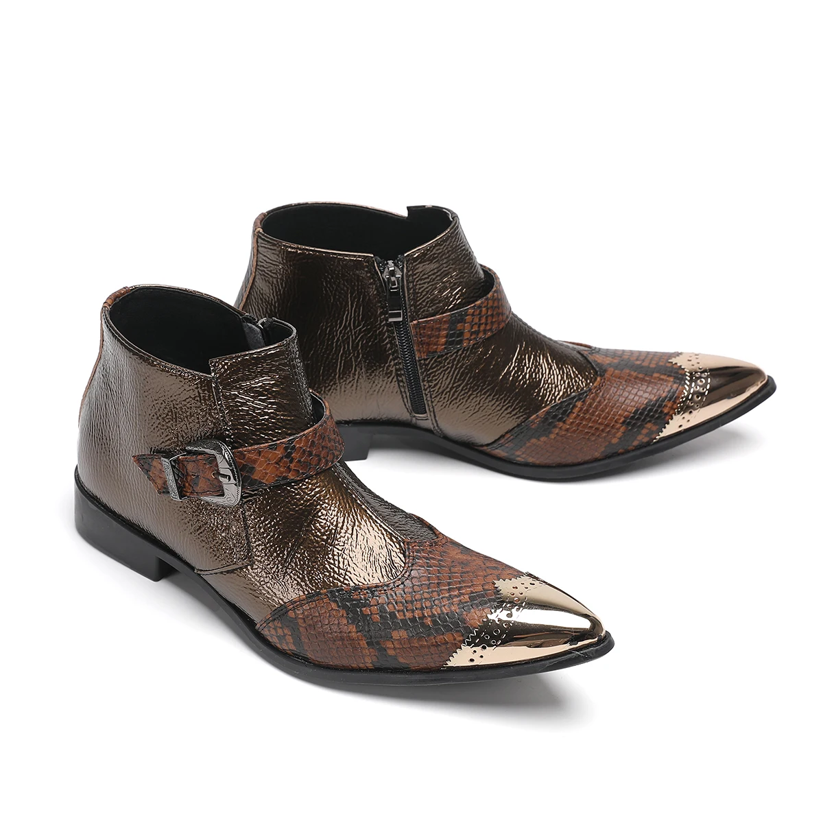 Botas Brown Buckle Strap Motorcycle Cowboy Ankle Boots Male Plus Size Shoes Men Real Leather Pointed Toe Short Boots Footwear