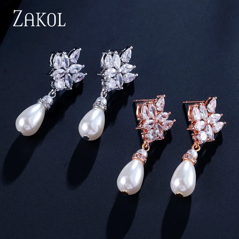 ZAKOL Trendy Marquise Cut Cubic Zirconia Dangle Earrings for Women Fashion Pearl Bridal Wedding Dress Jewelry FSEP2221