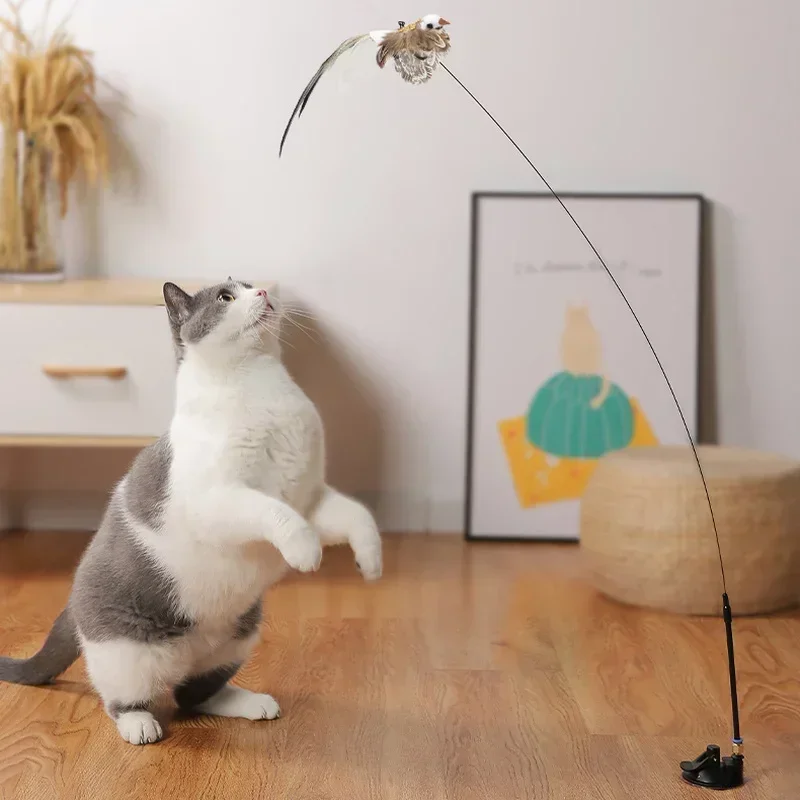 Simulazione uccello giocattolo interattivo per gatti, piuma divertente con campana, giocattolo in Stick per il gioco di gattini, bacchetta