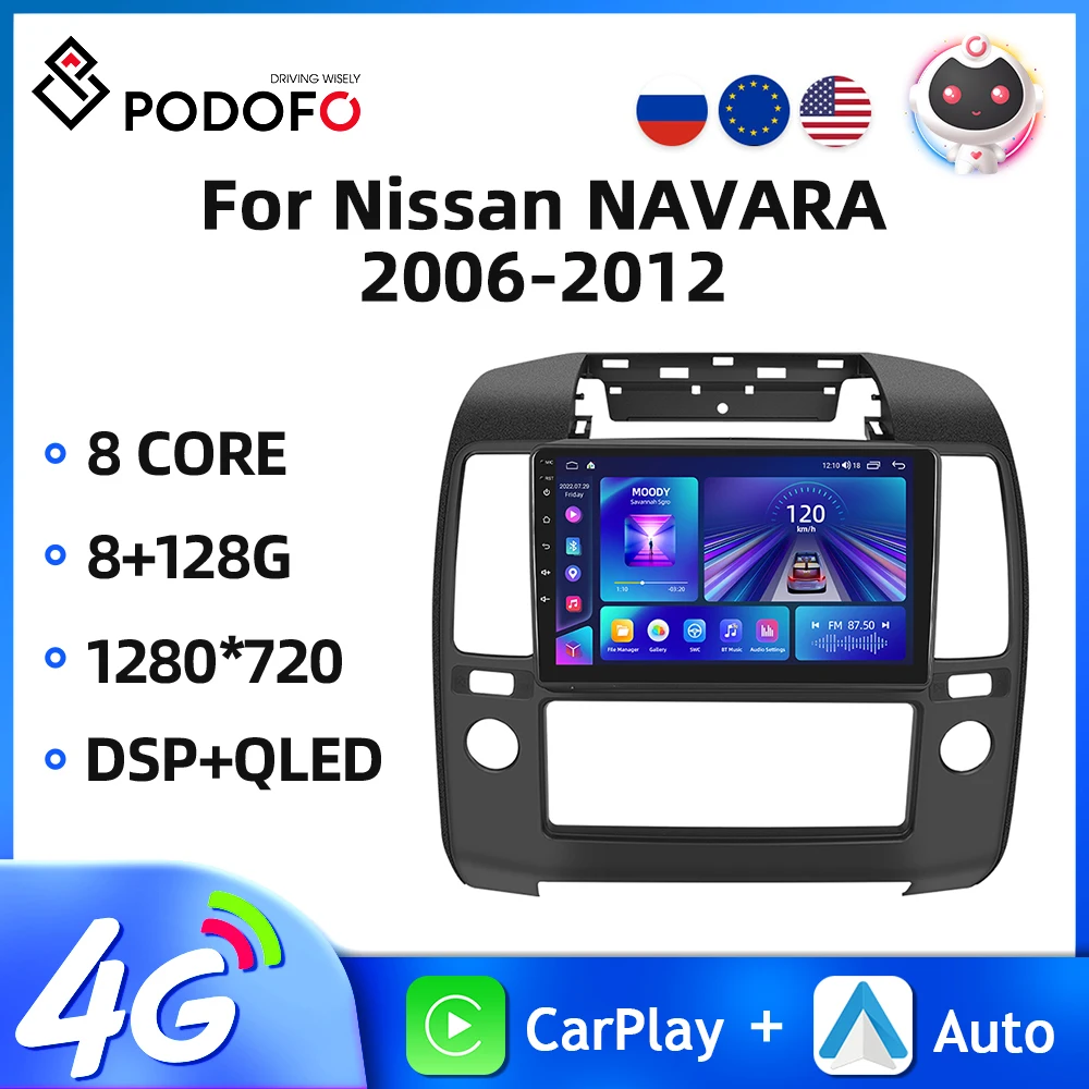 Podofo Android 2Din Car Radio For Nissan NAVARA 2006-2012 9'' Multimedia Video Player GPS Bluetooth 4G WIFI Carplay Autoradio