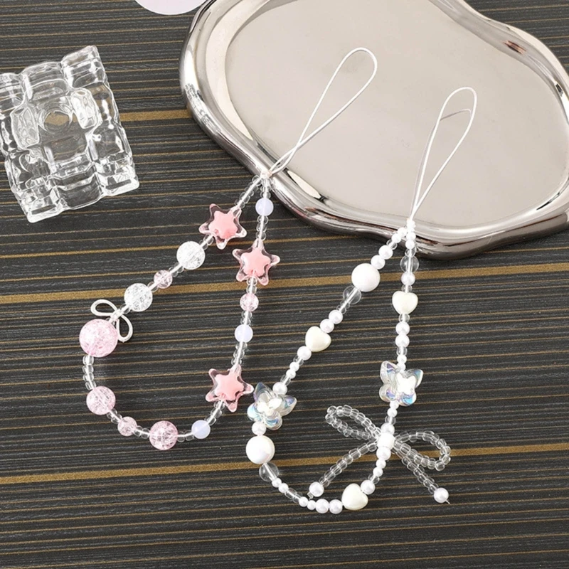 Handmade Heart Phone Lanyard for Sweet Girls Fashion Bowknot Beaded Mobile Phone Straps Cellphone Chain Keychain Pendant