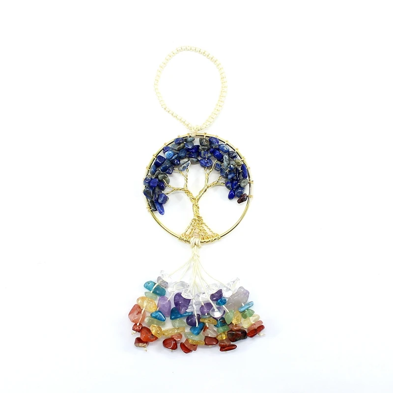 Natural Stone Pendant Car Hanging 7 Chakra Life Of Tree Colorful Irregular Crystal Quartz Healing Amulet Fengshui Energetic