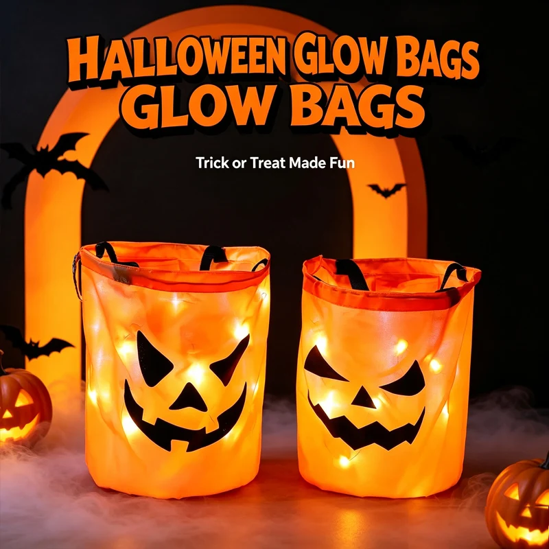 LED Light Up Halloween Pumpkin Candy Bucket Collapsible Reusable Treat Basket with Handle Trick-or-Treat Bag for Kids Favor