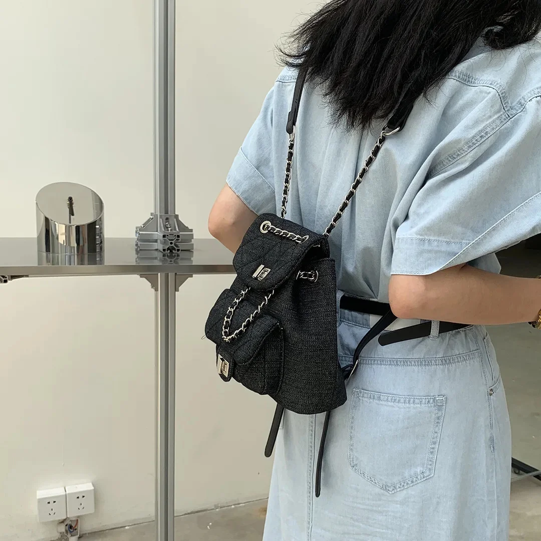 Women's 2024new Denim Ringer Chain Small Backpack Large Capacity Lock Portable Bag Fashionable Travel Commuting Fashion