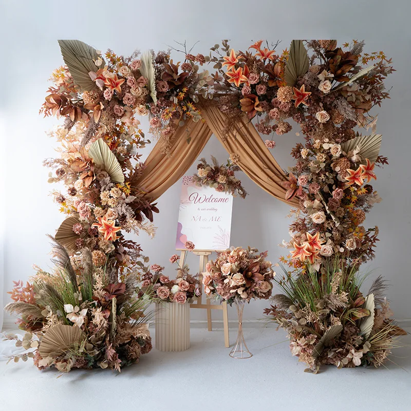 Simple brown wooden floral arch background wall, suitable for weddings, birthday parties, and marriage proposals