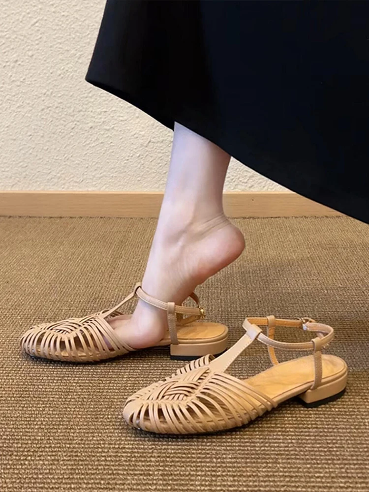 

Ретро кожаные плетеные римские сандалии на низком каблуке, удобные пляжные сандалии для женщин, повседневные праздничные сандалии