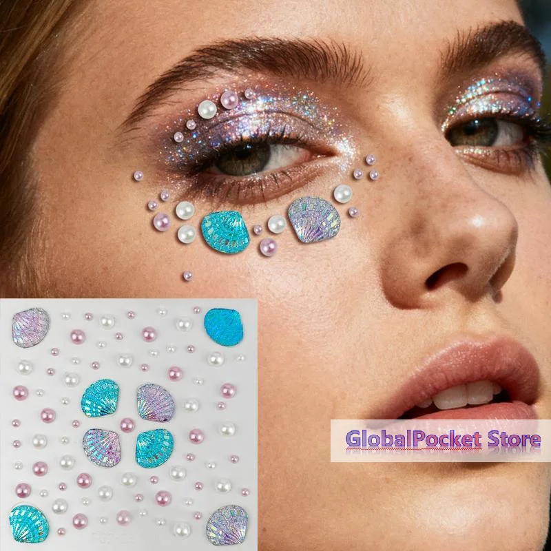 [TG823]1 Sheet Sparkling Mermaid Rhinestone Temporary Tattoos 3D Dreamy Shell Pearl Face Stickers DIY Body Art Stage Makeup Tool