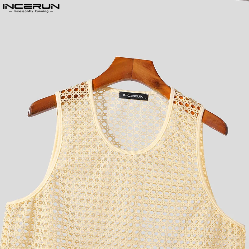 INCERUN Tops 2024 American Style Fashion Men Vacation Style Hollow Mesh Vests Sexy Casual Summer Male Sleeveless Tank Tops S-5XL