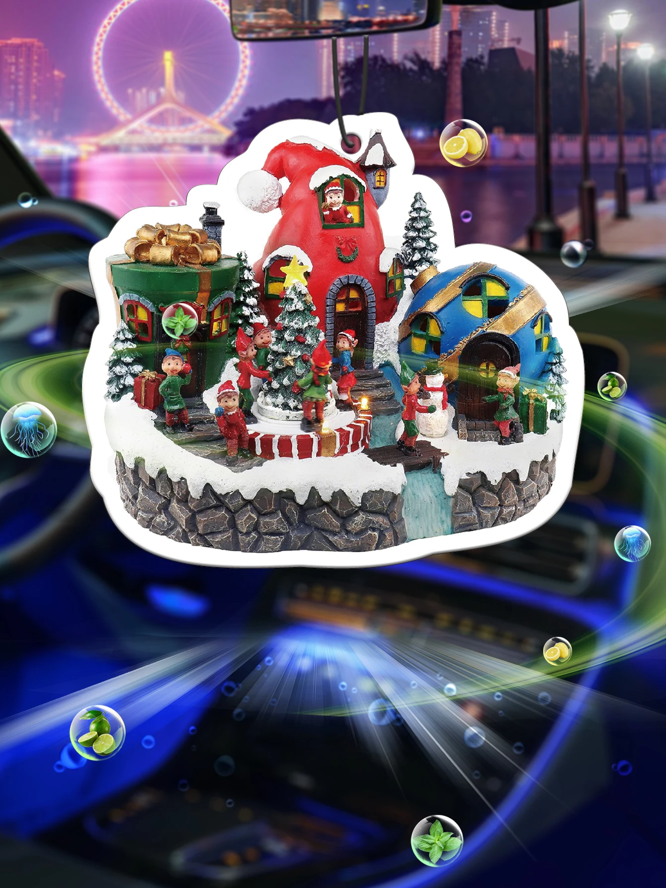Christmas Elf Village Winter Snow Scene Hanging Car Air Freshener, Plant‑Derived Fragrance No Alcohol Long‑Lasting 60‑90 Days He