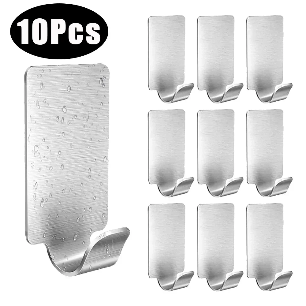 10/1Pcs Self Adhesive Hook Stainless Steel Heavy Wall Hanger Hook Bathroom Organizer Towel Rack Multi-purpose Kitchen Rack Shelf