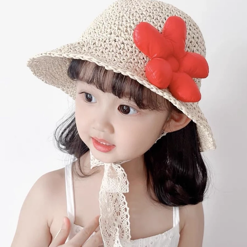 Ins Children's Hat Hand-woven Sun Hat Girl 3d Three-dimensional Flower Woven Foldable Straw Hat Sunshade Fisherman Hat