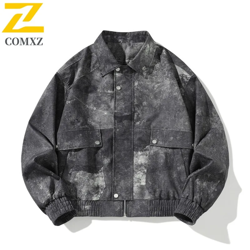 

COMXZ Tie-Dyed Men Jacket Retro Casual Loose Stand-Up Collar Jacket Fashionable and Trendy American Workwear Style Pilot Jacket