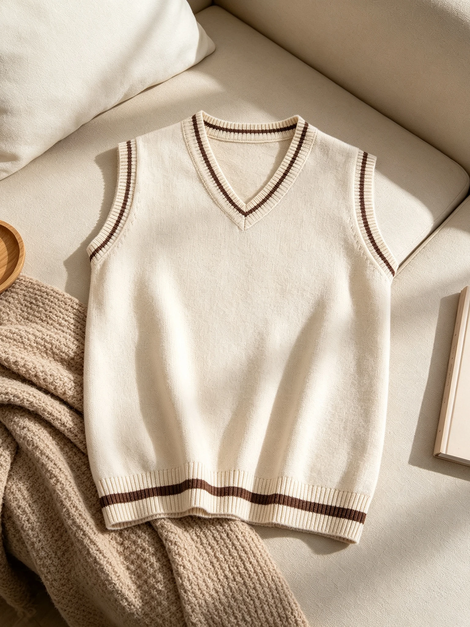 Preppy Style Kids Knit Vest V Neck Striped Trim Sleeveless Pullover Toddler Boys Girls School Layering Sweater Waistcoat