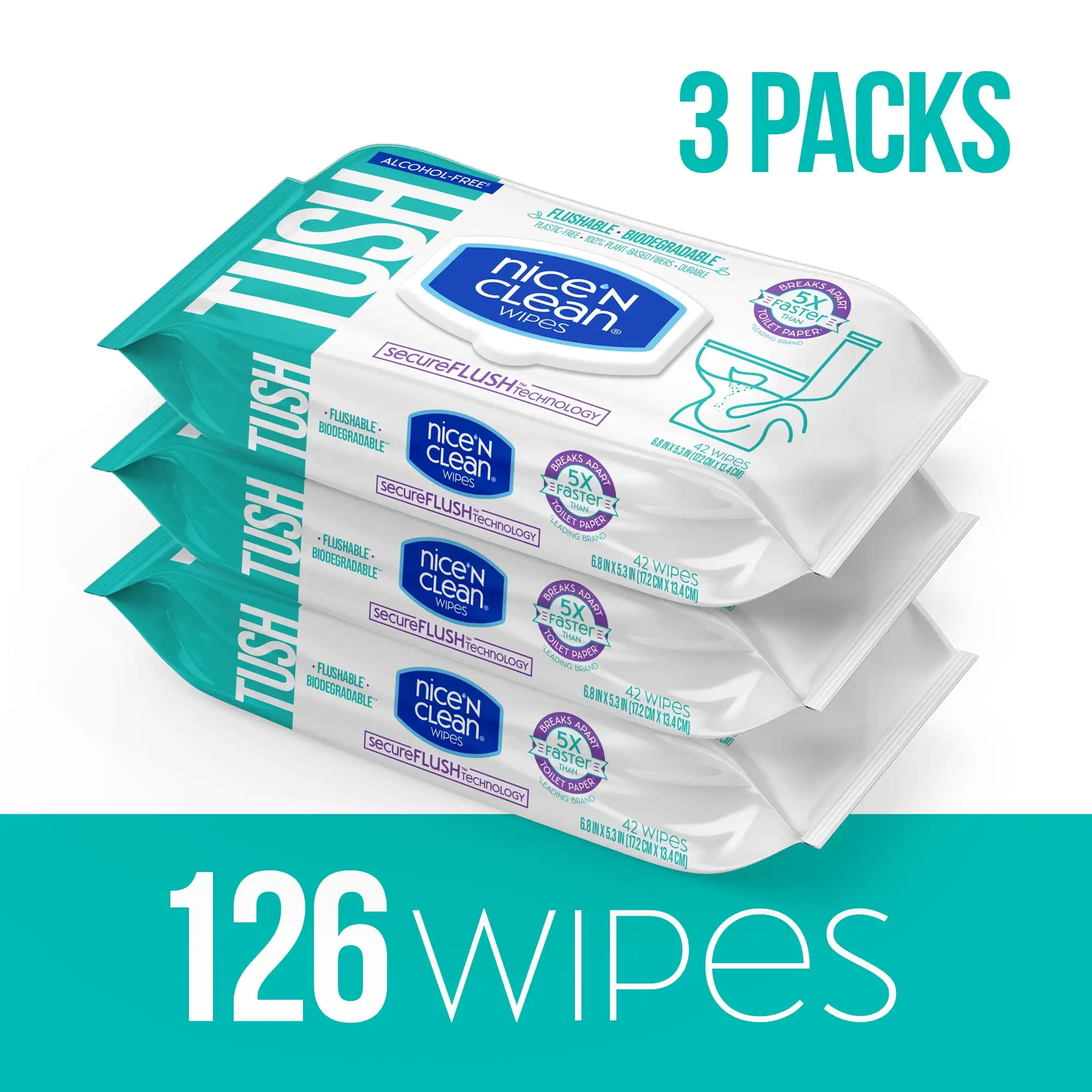 

Nice'N Clean Secureflush Alcohol Free Flushable Wipes, Gentle for Sensitive Skin, 3 Flip-Top Packs (126 Total Wipes)