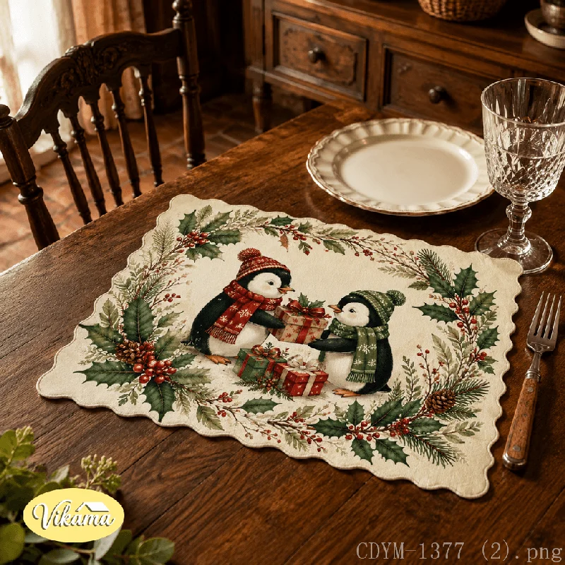 VIKAMA Christmas Placemat Green Penguin Gifts Print, Waterproof Oil-Proof Heat-Resistant Holiday Table Mat for Home