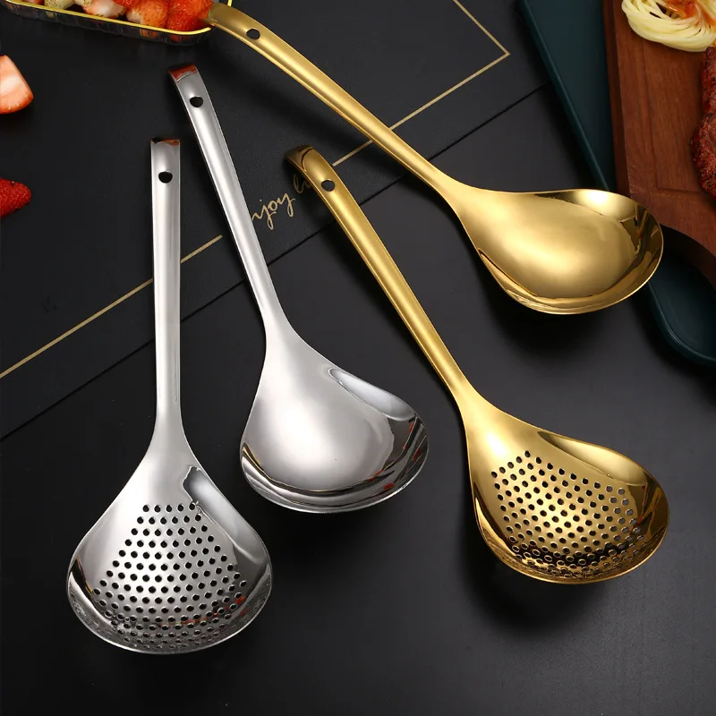 Golden 304 Stainless Steel Soup Spoons Colander Enlarged Spoon Head Food Filter Long Handle Skimmer Pasta Strainer for Kitchen