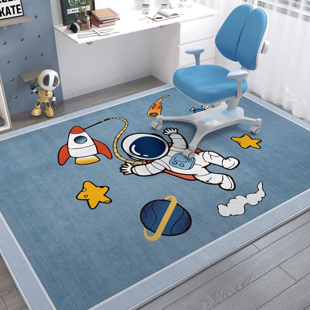 Alfombra espacial para niños, alfombra suave con patrón de estrellas y planetas de astronauta y cohete para decoración del hogar y sala de estudio para niños