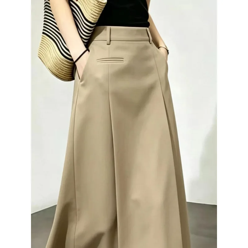 Elegant Khaki A-line Midi Skirt For Women High Waist Pleated Flared Hem Chic Minimalist Korean Office Commuter Autumn Long Skirt