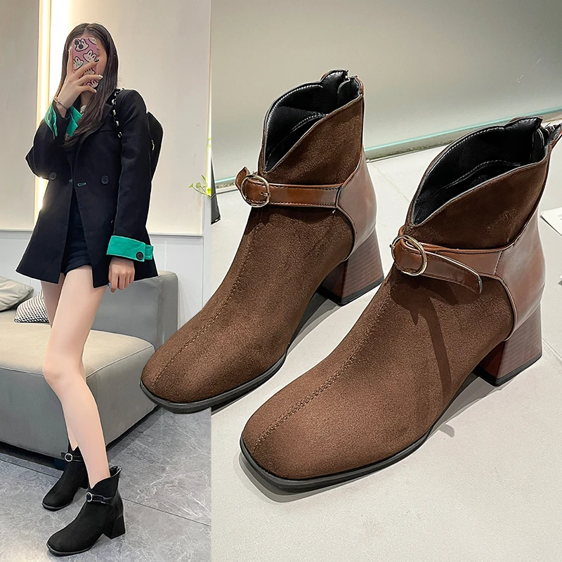 

New Style Brand Women's Popular Ankle Boots Autumn New Square Toe Women's Boots Simple and Versatile Thick Heel Women Shoes