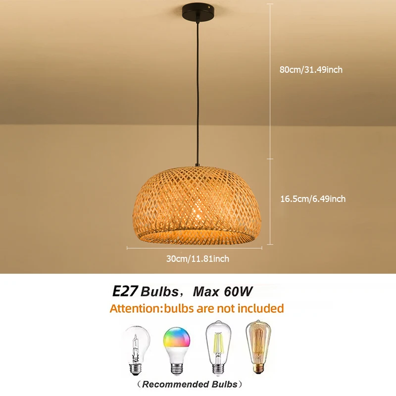 Lampu Gantung Bambu 30cm Lampu Hias Rotan Alami Anyaman E27 LED Lampu Chandelier Kap Lampu Tenun Tangan Perlengkapan Pencahayaan Lampu Gantung