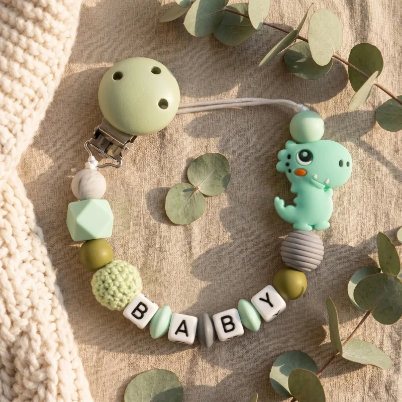 Mittsboy Personalized Pacifier Clip Custom Name Silicone Baby Teether Chain Dinosaur Dummy Holder BPA Free Baby Shower Gift