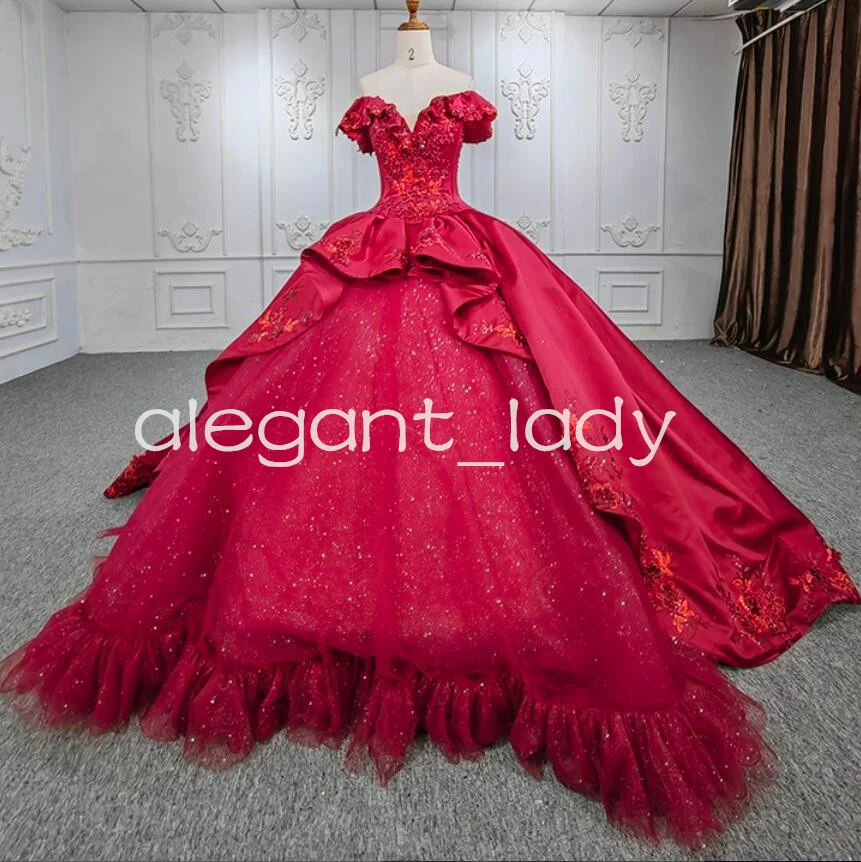 Robe de princesse Quinceanera rouge vin pour femme, jupe scintillante, broderie florale, appliques, corset Sweet 15, Off Initiated, Rosa DD