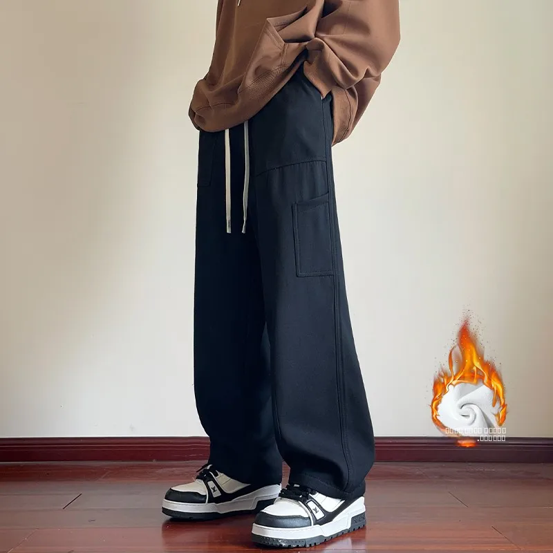 

Мужские повседневные рабочие брюки на флисовой подкладке, свободные прямые брюки в стиле ретро, японские зимние модные джинсы от трендового бренда