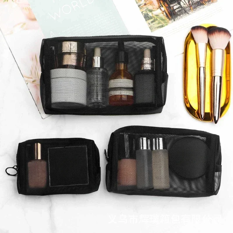 Sac à cosmétiques transparent en maille avec fermeture éclair pour femme, trousse de toilette noire, trousse à poudres de maquillage, essentiel de la présidence, petit, grand, mode, 1 pièce