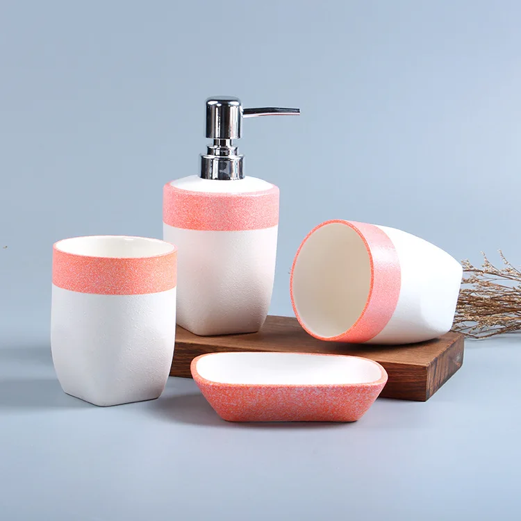 

European snowflake glaze ceramic bathroom four-piece set creative pink mouthwash cup hand lotion bottle mouth cup
