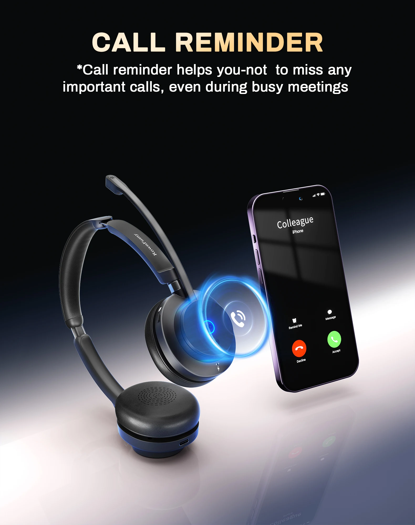 Rownfusny R02 Wireless Headset with Mic for Work USB Dongle Bluetooth Over Ear Headphones for Call Center Noise Cancelling