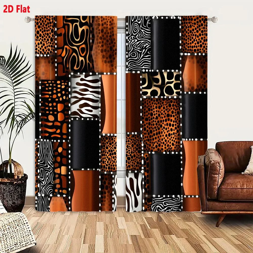 2Pcs Curtains Vibrant Animal Print Patchwork Quilt With Leopard Zebra And Snake Patterns In Orange Brown Black And White Window