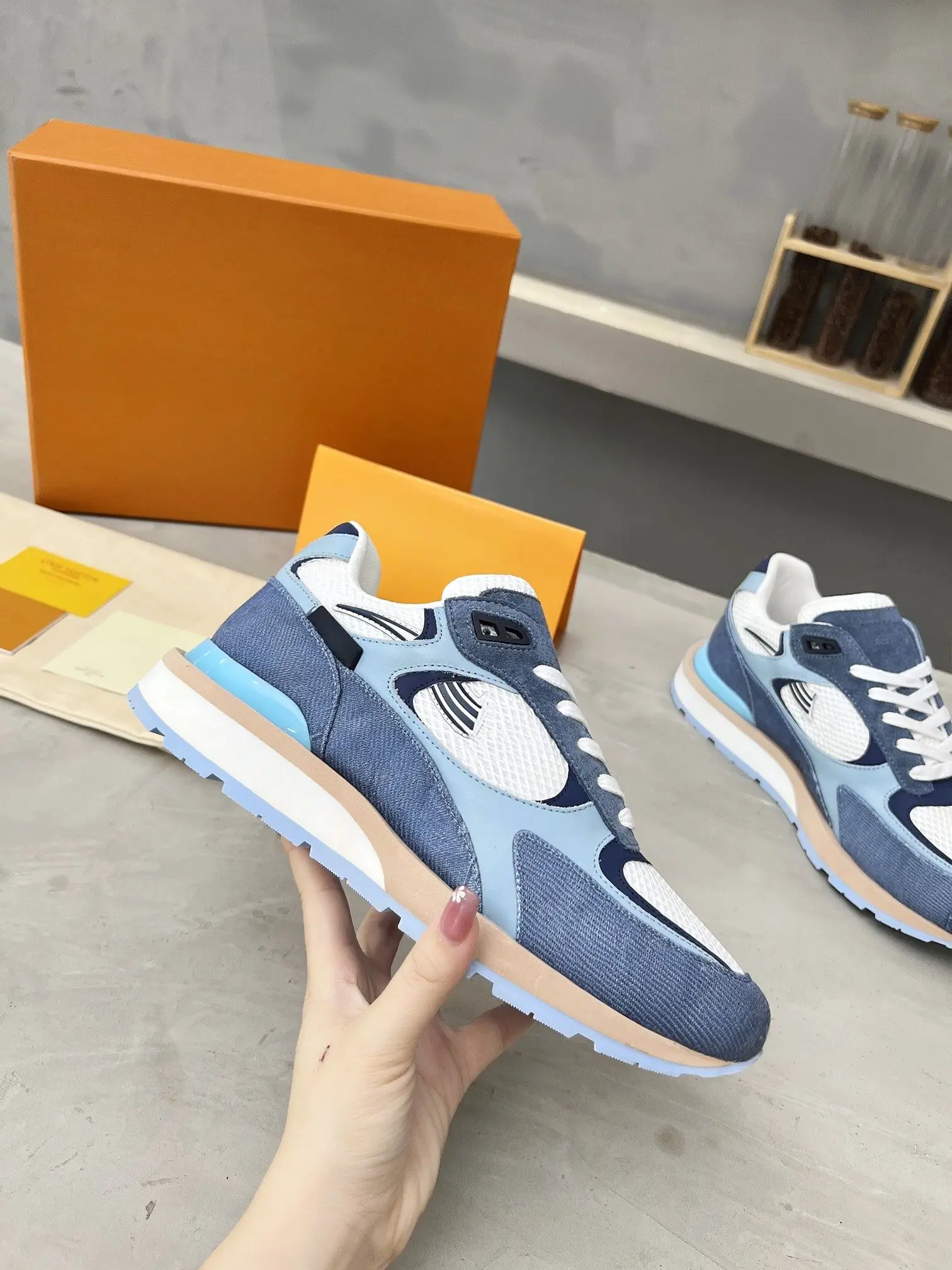 Unisex Blue Denim Retro Sneakers Multi Fabric Mesh Leather Splicing Low Top Layered Thick Sole Lace Up Non Slip Daily Running Casual Shoes