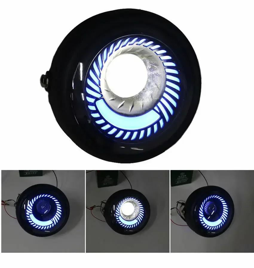 Spiral Blue+White Light Motorcycle Side Mount Circle Headlight Cafe Racer Bobber