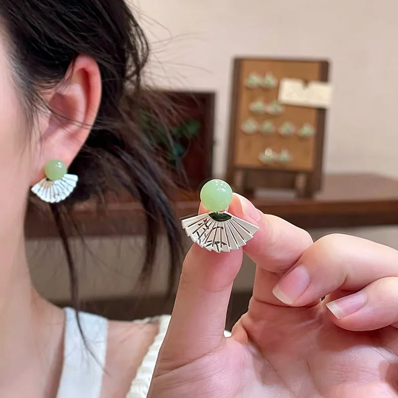 New Chinese Style National style Literary art  Retro Green Pearl Very beautiful Dark green Fan with bamboo shadows  Earrings