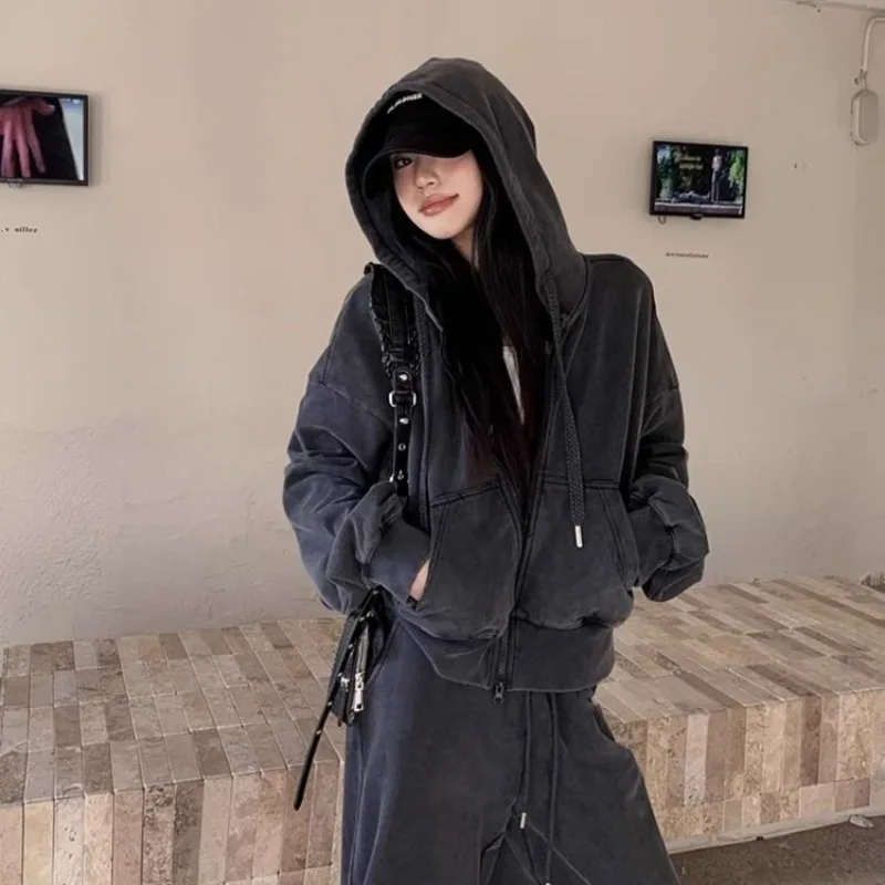 2025 nuove donne allentate con zip americana felpa con cappuccio lavata vintage nero grigio autunno inverno moda casual streetwear