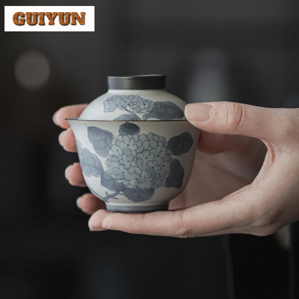 110ml Hand-painted Embroidered Ball Flower Gaiwan Antique Literati Ceramic Tea Tureen Handmade Tea Maker Cover Bowl Teaware Gift