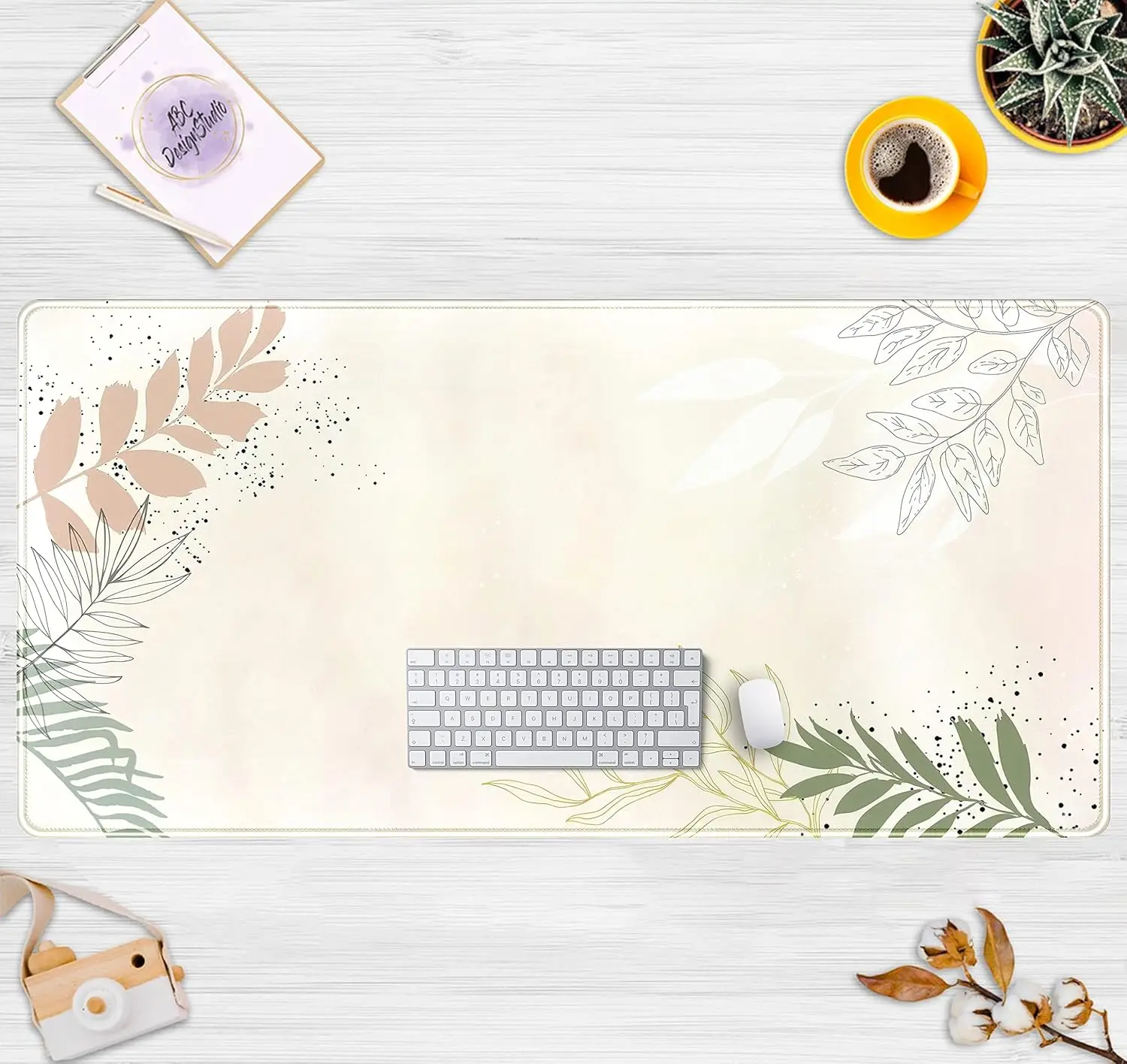 Boho Pastel Abstract Desk Mat – Matcha Green Plant Theme XXL Mouse Pad for Women, Aesthetic Office & Gaming Desk Decor