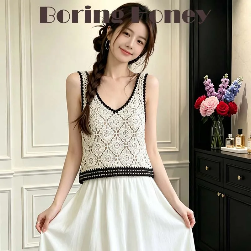 Boring Honey Vintage Argyle Crochet Hollow Out Cami Top Women Summer V-Neck Crop Tank Top Sleeveless Layering Vest Fashion Tops
